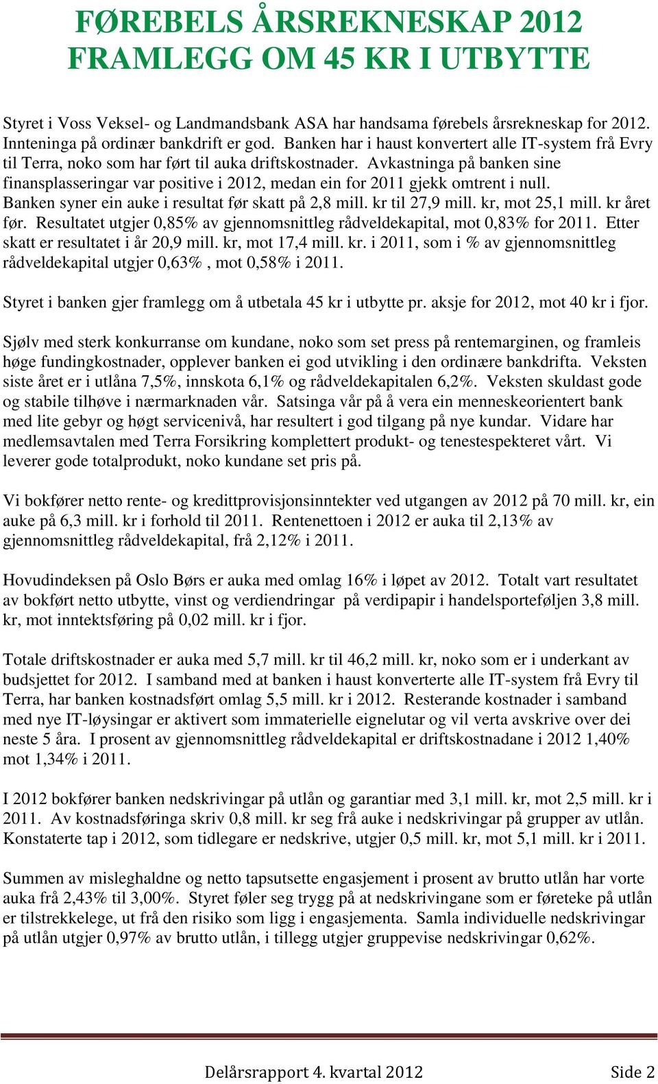 Avkastninga på banken sine finansplasseringar var positive i 2012, medan ein for 2011 gjekk omtrent i null. Banken syner ein auke i resultat før skatt på 2,8 mill. kr til 27,9 mill. kr, mot 25,1 mill.