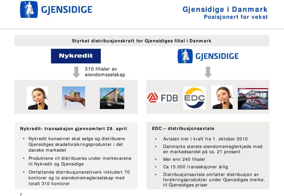 Gjensidige Omfattende distribusjonsnettverk inkludert 70 kontorer og to eiendomsmeglerselskap med totalt 310 kontorer EDC distribusjonsavtale Avtalen trer i kraft fra 1.