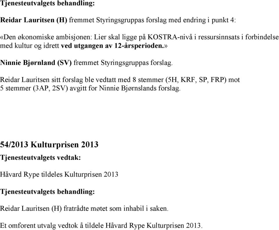 Reidar Lauritsen sitt forslag ble vedtatt med 8 stemmer (5H, KRF, SP, FRP) mot 5 stemmer (3AP, 2SV) avgitt for Ninnie Bjørnslands forslag.