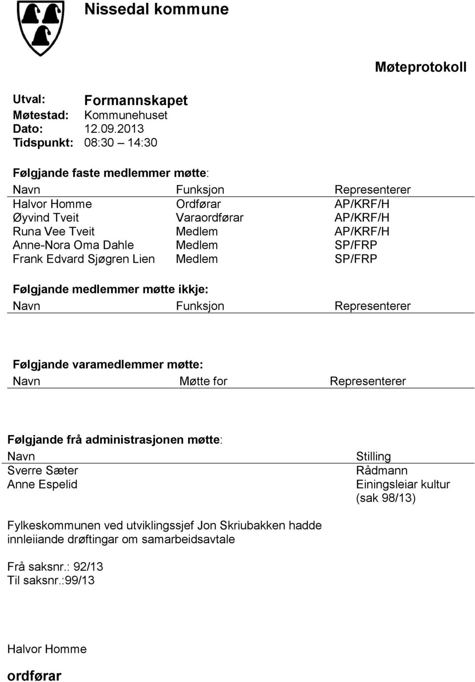 Anne-Nora Oma Dahle Medlem SP/FRP Frank Edvard Sjøgren Lien Medlem SP/FRP Følgjande medlemmer møtte ikkje: Navn Funksjon Representerer Følgjande varamedlemmer møtte: Navn Møtte for