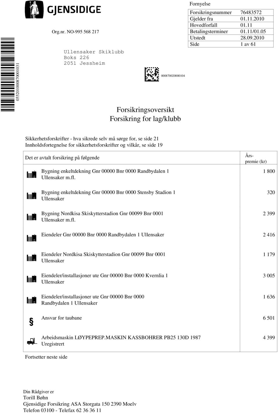 05 Side 1 av 61 Forsikringsoversikt Forsikring for lag/klubb Sikkerhetsforskrifter - hva sikrede selv må sørge for, se side 21 Innholdsfortegnelse for sikkerhetsforskrifter og vilkår, se side 19 Det