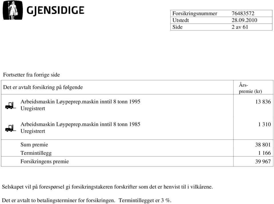 maskin inntil 8 tonn 1985 Uregistrert 1 310 Sum premie 38 801 Termintillegg 1 166 Forsikringens premie 39 967