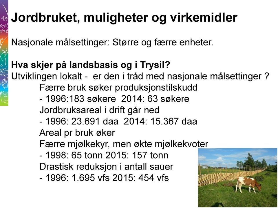 Færre bruk søker produksjonstilskudd - 1996:183 søkere 2014: 63 søkere Jordbruksareal i drift går ned - 1996: 23.