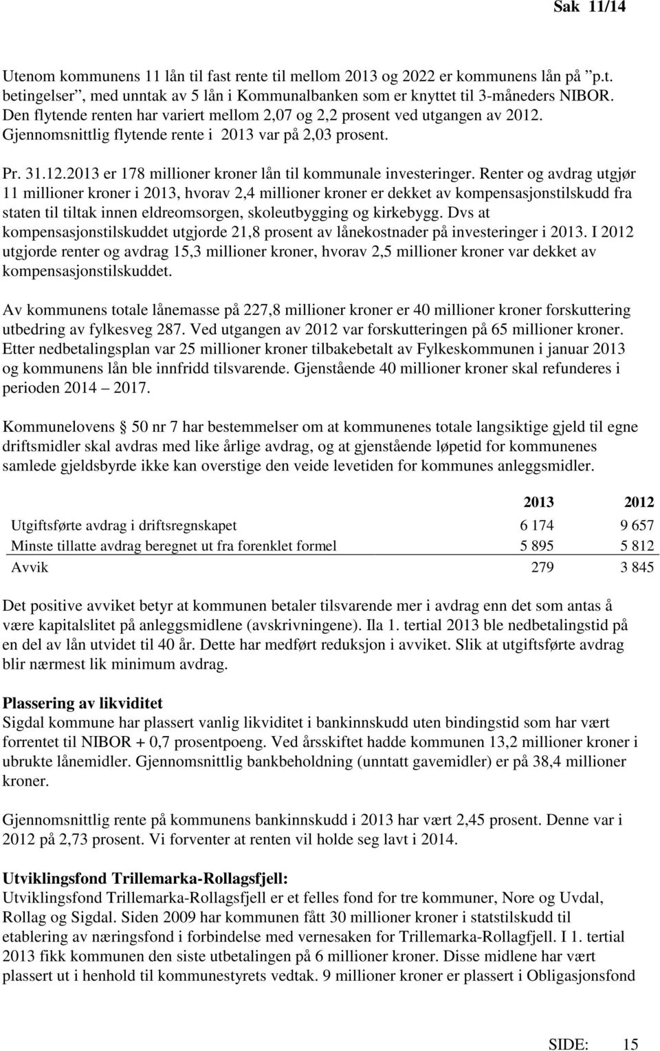 Renter og avdrag utgjør 11 millioner kroner i 2013, hvorav 2,4 millioner kroner er dekket av kompensasjonstilskudd fra staten til tiltak innen eldreomsorgen, skoleutbygging og kirkebygg.