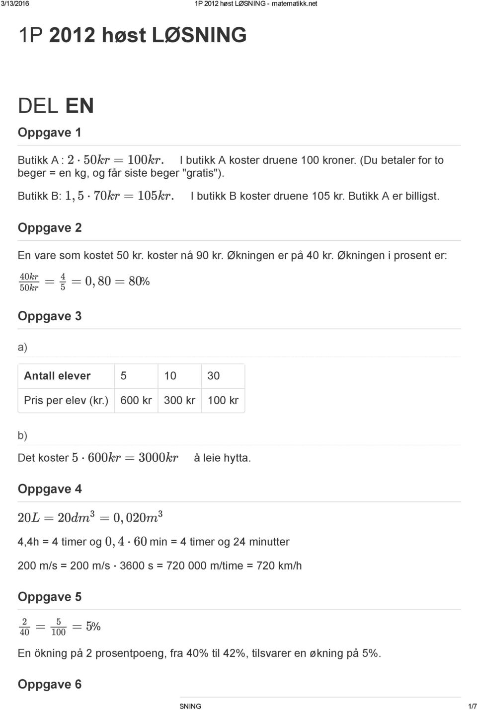 1, 70kr = 10kr. = = 0, 80 = 80 % Antall elever 10 30 Pris per elev (kr.) 600 kr 300 kr 100 kr Det koster 600kr = 3000kr å leie hytta.