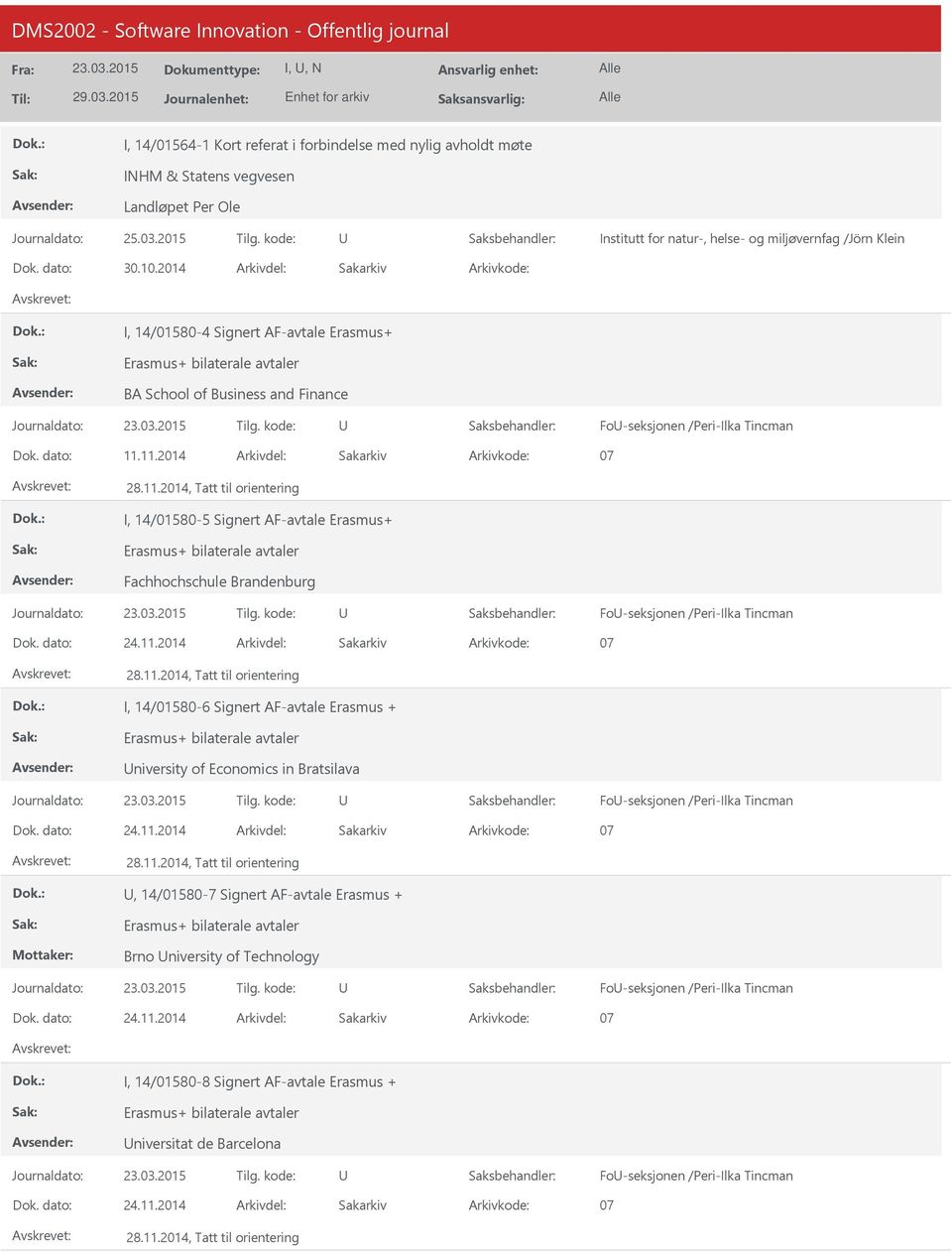 11.2014 I, 14/01580-5 Signert AF-avtale Erasmus+ Fachhochschule Brandenburg Fo-seksjonen /Peri-Ilka Tincman 24.11.2014 I, 14/01580-6 Signert AF-avtale Erasmus + niversity of Economics in Bratsilava Fo-seksjonen /Peri-Ilka Tincman 24.