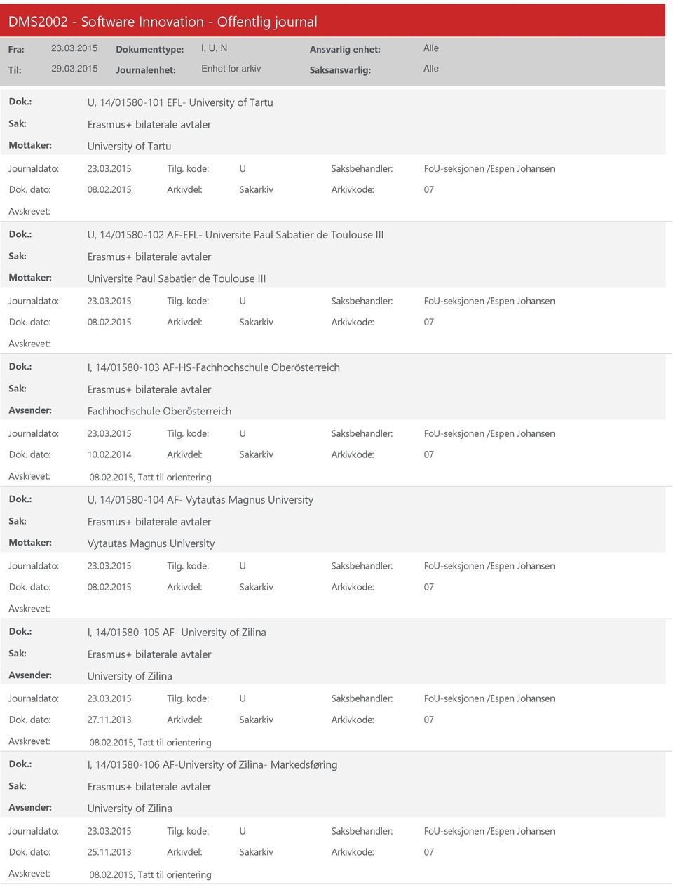 02.2014 08.02.2015, Tatt til orientering, 14/01580-104 AF- Vytautas Magnus niversity Vytautas Magnus niversity Fo-seksjonen /Espen Johansen 08.02.2015 I, 14/01580-105 AF- niversity of Zilina niversity of Zilina Fo-seksjonen /Espen Johansen 27.