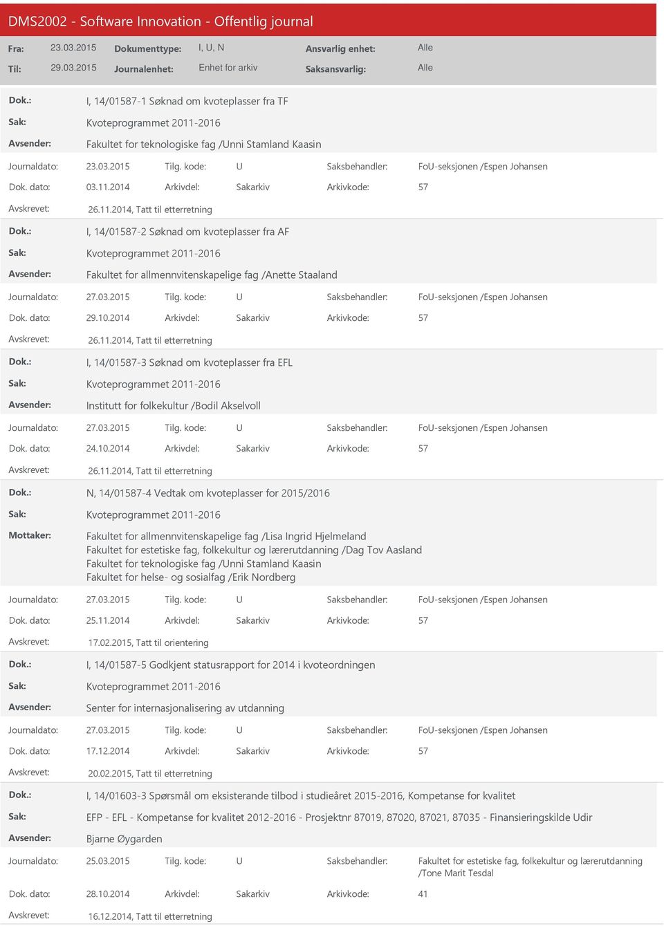 2014 57 26.11.2014, Tatt til etterretning I, 14/01587-2 Søknad om kvoteplasser fra AF Kvoteprogrammet 2011-2016 Fakultet for allmennvitenskapelige fag /Anette Staaland Fo-seksjonen /Espen Johansen 29.