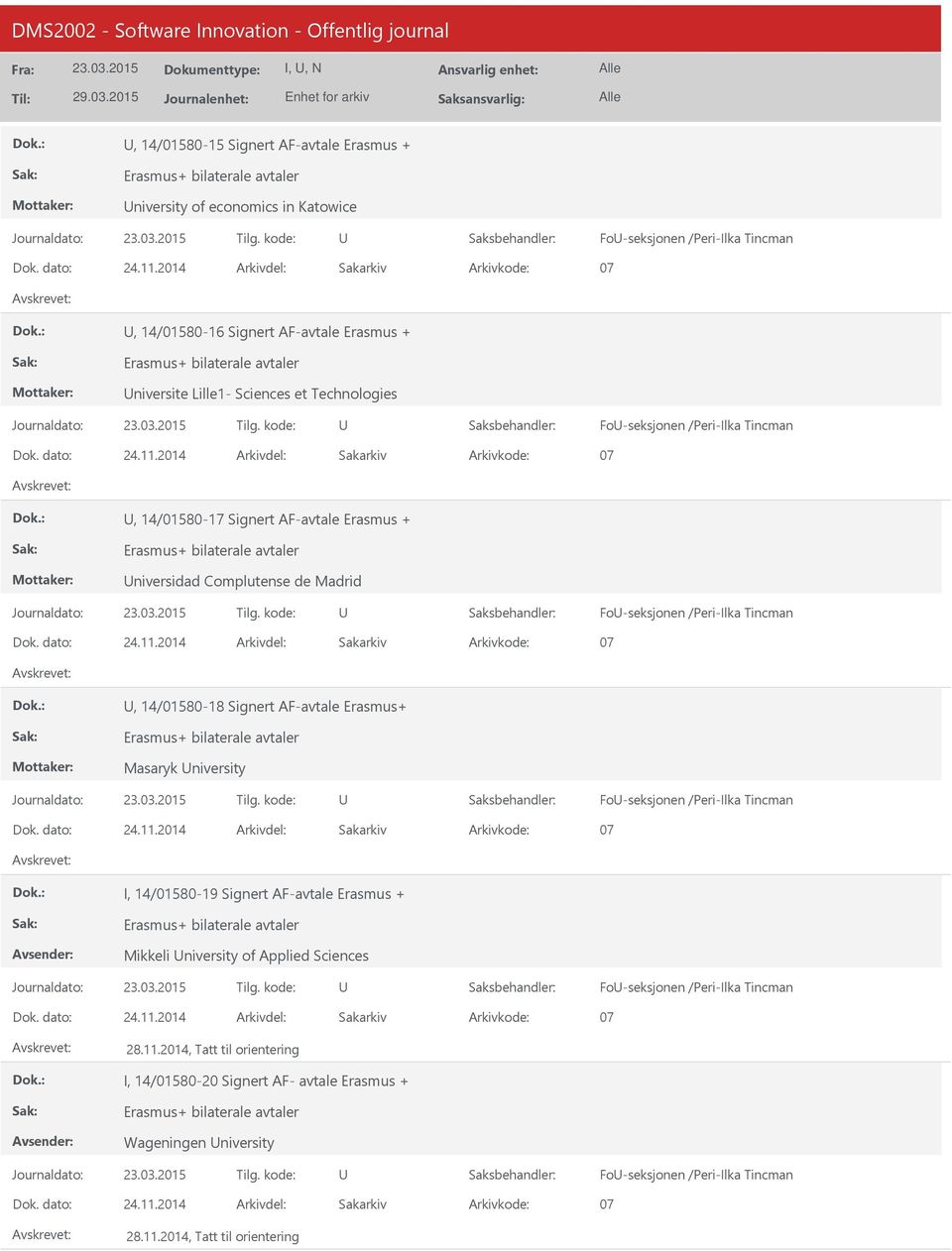 2014, 14/01580-17 Signert AF-avtale Erasmus + niversidad Complutense de Madrid Fo-seksjonen /Peri-Ilka Tincman 24.11.