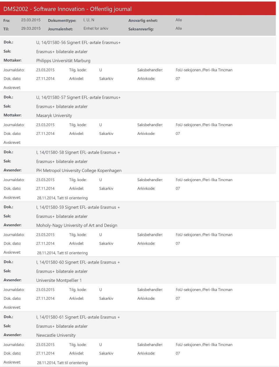 Tincman I, 14/01580-59 Signert EFL-avtale Erasmus + Moholy-Nagy niversity of Art and Design Fo-seksjonen /Peri-Ilka Tincman I, 14/01580-60 Signert