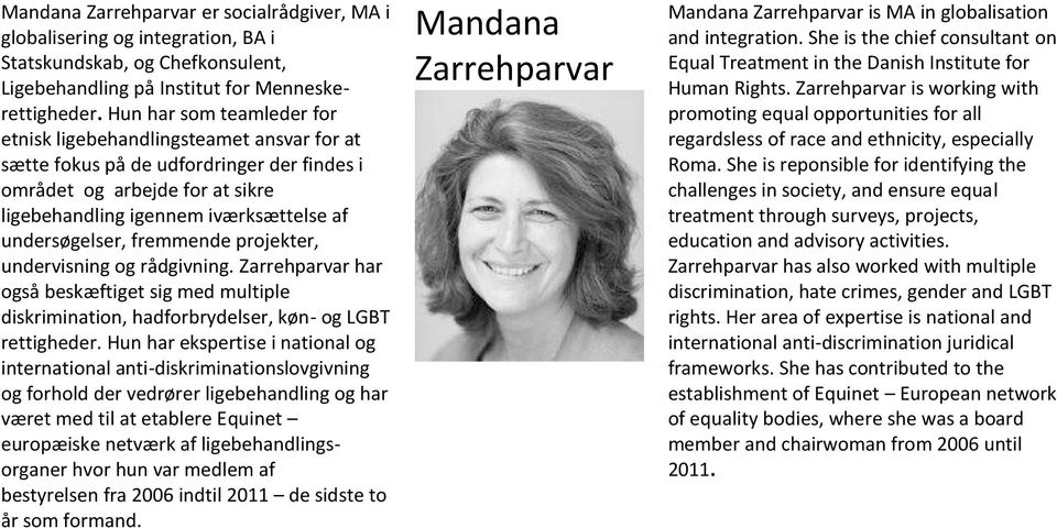 fremmende projekter, undervisning og rådgivning. Zarrehparvar har også beskæftiget sig med multiple diskrimination, hadforbrydelser, køn- og LGBT rettigheder.