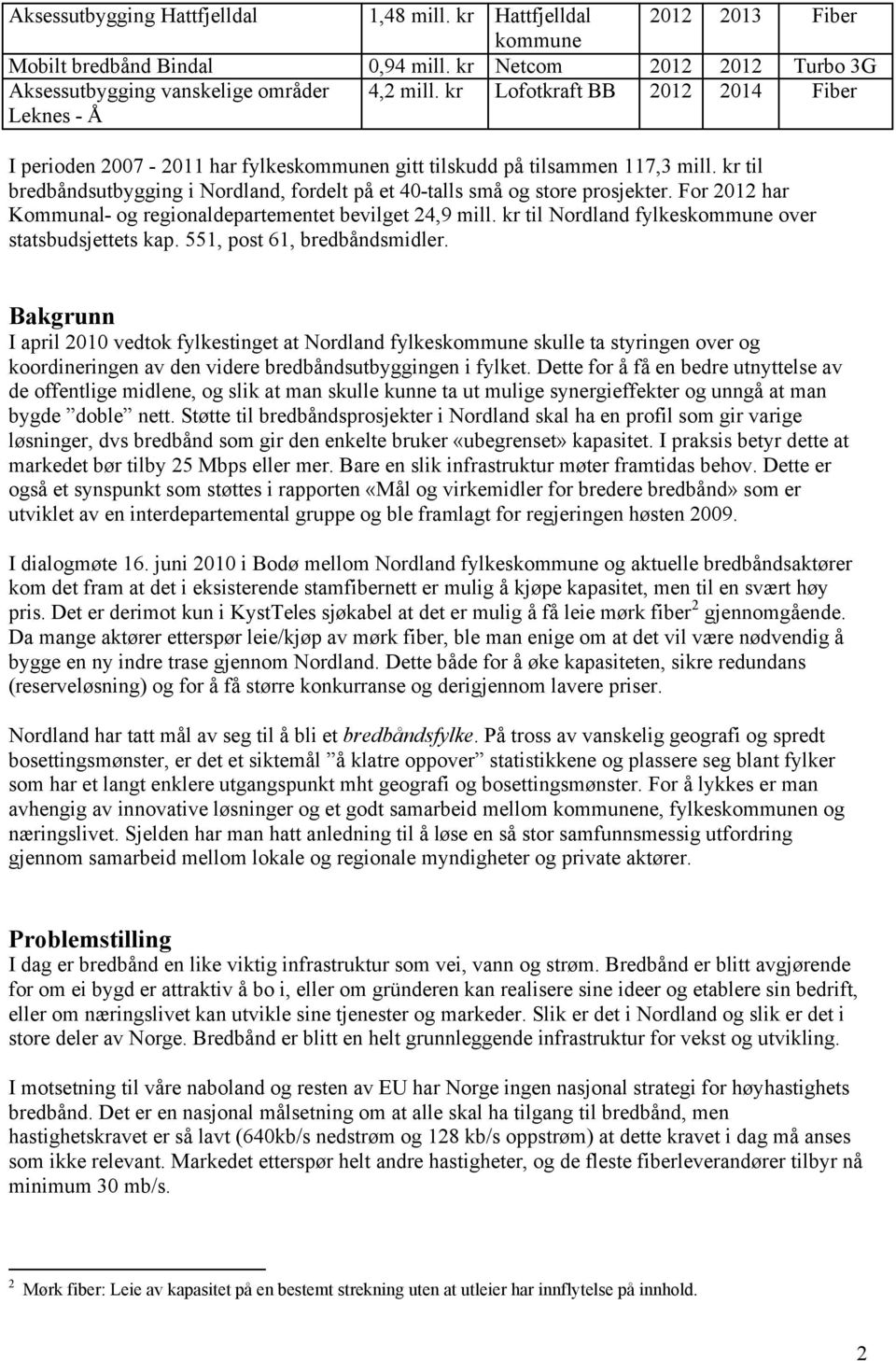 For 2012 har Kommunal- og regionaldepartementet bevilget 24,9 mill. kr til Nordland fylkeskommune over statsbudsjettets kap. 551, post 61, bredbåndsmidler.