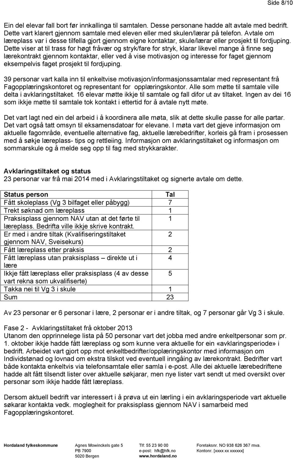 Dette viser at til trass for høgt fråvær og stryk/fare for stryk, klarar likevel mange å finne seg lærekontrakt gjennom kontaktar, eller ved å vise motivasjon og interesse for faget gjennom