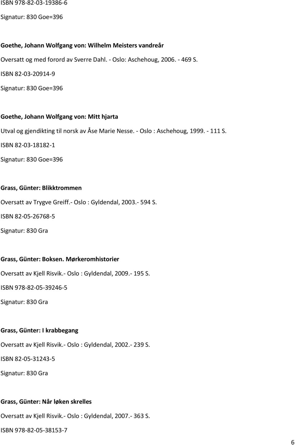 ISBN 82-03-18182-1 Signatur: 830 Goe=396 Grass, Günter: Blikktrommen Oversatt av Trygve Greiff.- Oslo : Gyldendal, 2003.- 594 S. ISBN 82-05-26768-5 Signatur: 830 Gra Grass, Günter: Boksen.