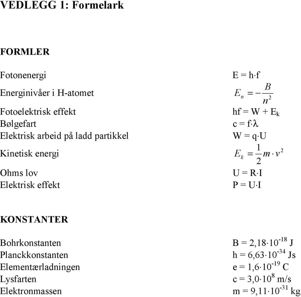 Ohms lov U = R I Elektrisk effekt P = U I 2 KONSTANTER Bohrkonstanten Planckkonstanten Elementærladningen