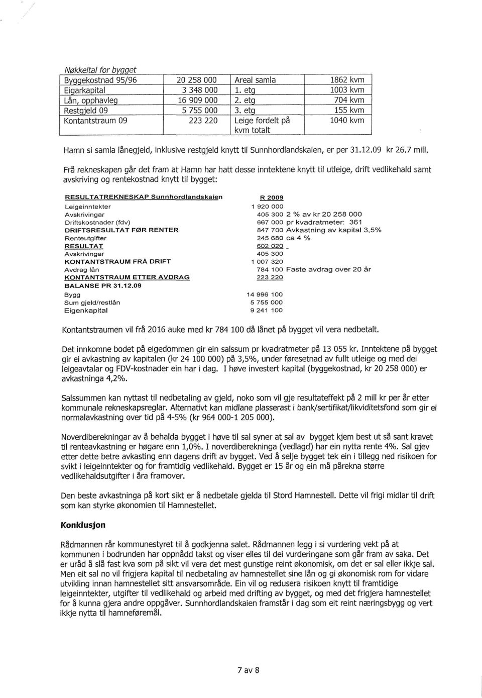 då lånet på bygget vil vera nedbetalt. Det innkomne bodet på eigedommen gir ein salssum pr kvadratmeter på 13 055 kr.