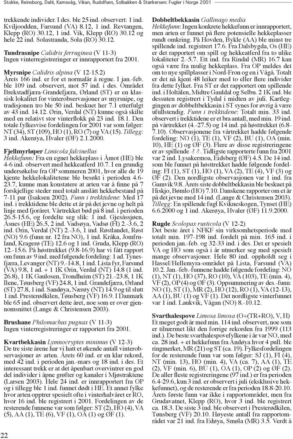 Myrsnipe Calidris alpina (V 12-15.2) Årets 166 ind. er for et normalår å regne. I jan.-feb. ble 109 ind. observert, mot 57 ind. i des.