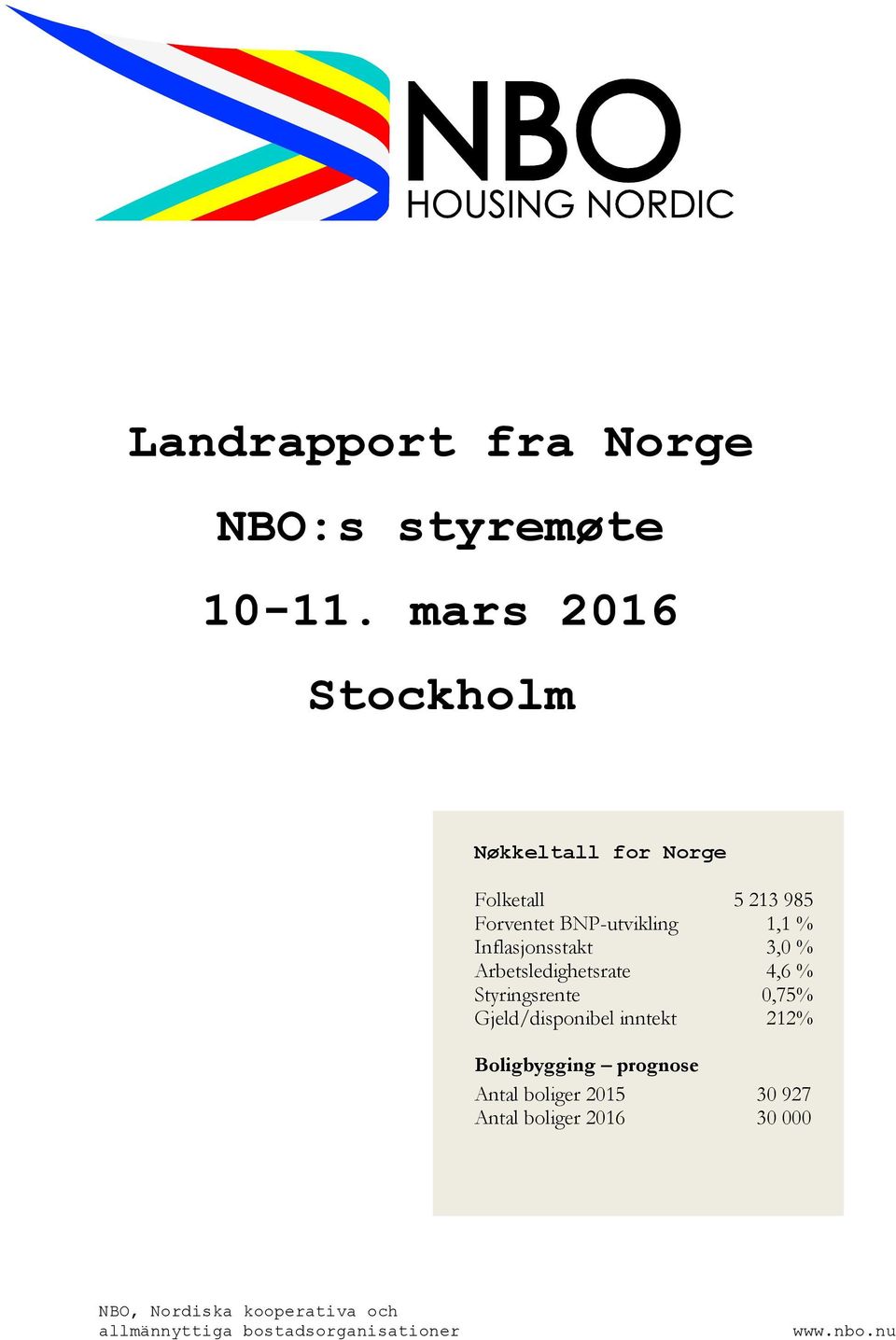 Inflasjonsstakt 3,0 % Arbetsledighetsrate 4,6 % Styringsrente 0,75% Gjeld/disponibel inntekt