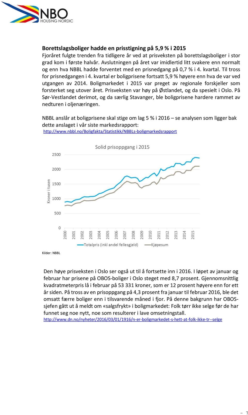 kvartal er boligprisene fortsatt 5,9 % høyere enn hva de var ved utgangen av 2014. Boligmarkedet i 2015 var preget av regionale forskjeller som forsterket seg utover året.