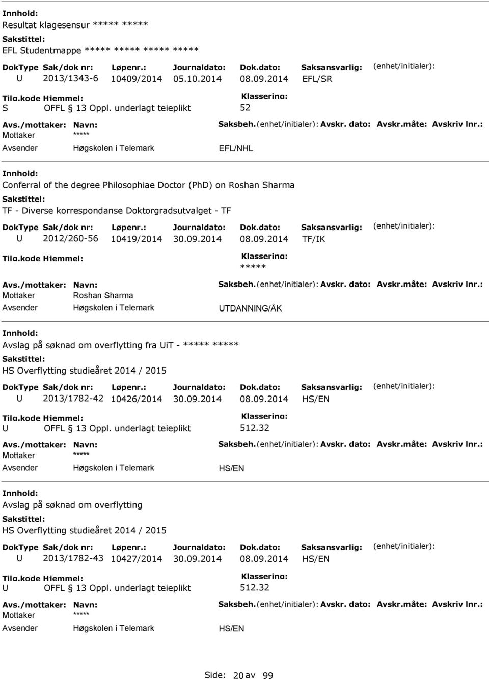 2014 EFL/R EFL/NHL Conferral of the degree hilosophiae Doctor (hd) on Roshan harma TF - Diverse korrespondanse Doktorgradsutvalget - TF 2012/260-56