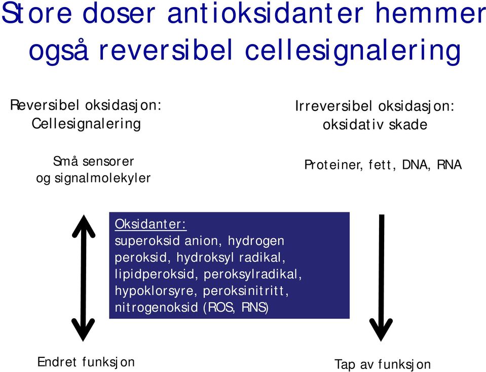 Proteiner, fett, DNA, RNA Oksidanter: superoksid anion, hydrogen peroksid, hydroksyl radikal,