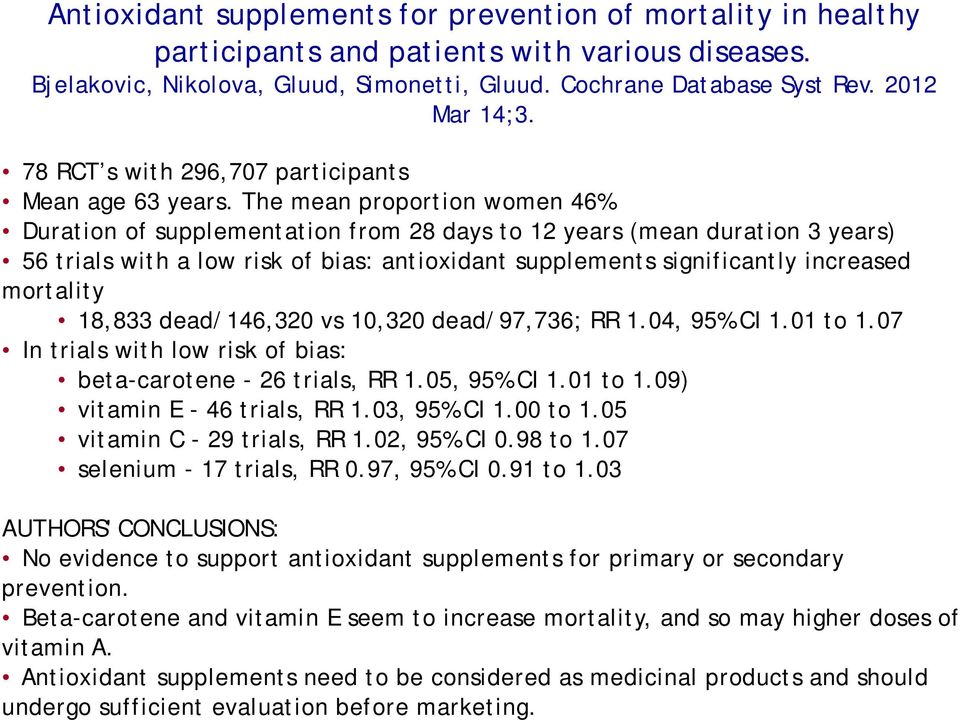 The mean proportion women 46% Duration of supplementation from 28 days to 12 years (mean duration 3 years) 56 trials with a low risk of bias: antioxidant supplements significantly increased mortality
