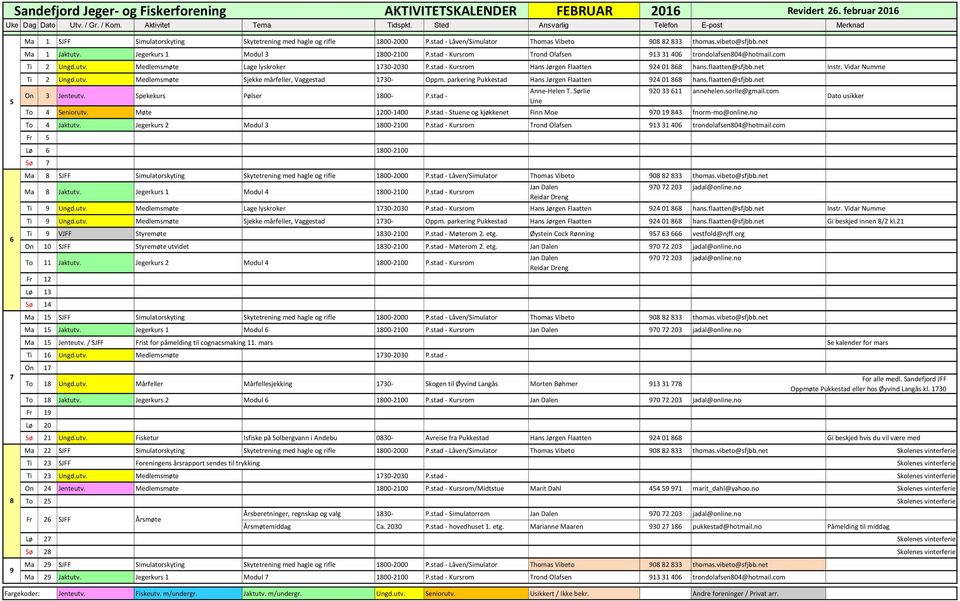 stad - Kursrom Hans Jørgen Flaatten 924 01 868 hans.flaatten@sfjbb.net Instr. Vidar Numme 5 6 7 8 9 Ti 2 Ungd.utv. Medlemsmøte Sjekke mårfeller, Vaggestad 1730- Oppm.