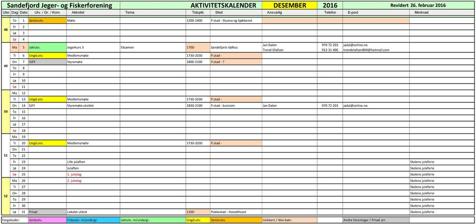 com On 14 SJFF Styremøte utvidet 1830-2100 P.stad - kursrom To 15 Fr 16 Lø 17 Sø 18 Ma 19 Ti 20 Ungd.utv. Medlemsmøte 1730-2030 P.