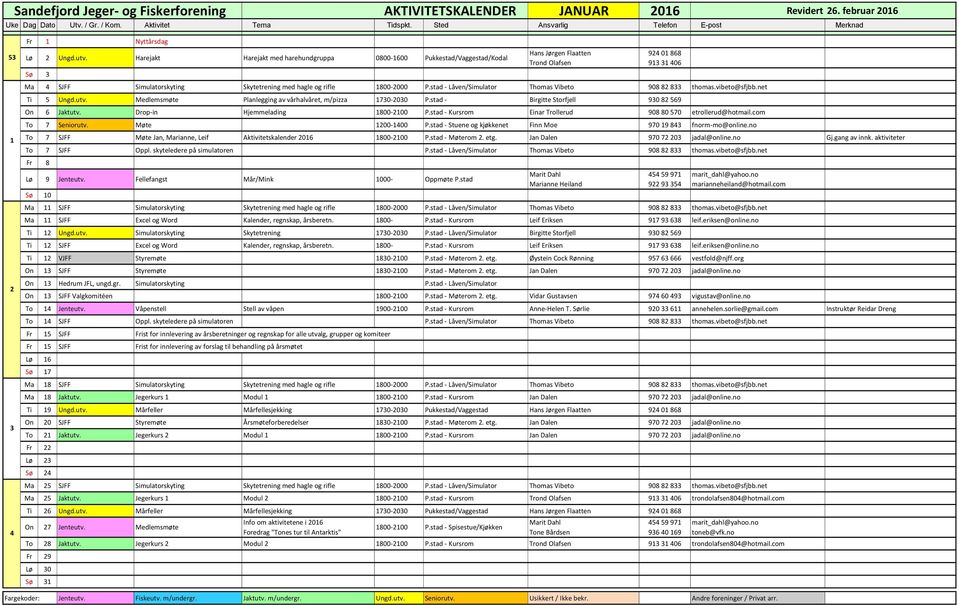 stad - Låven/Simulator Thomas Vibeto 908 82 833 thomas.vibeto@sfjbb.net Ti 5 Ungd.utv. Medlemsmøte Planlegging av vårhalvåret, m/pizza 1730-2030 P.stad - Birgitte Storfjell 930 82 569 On 6 Jaktutv.