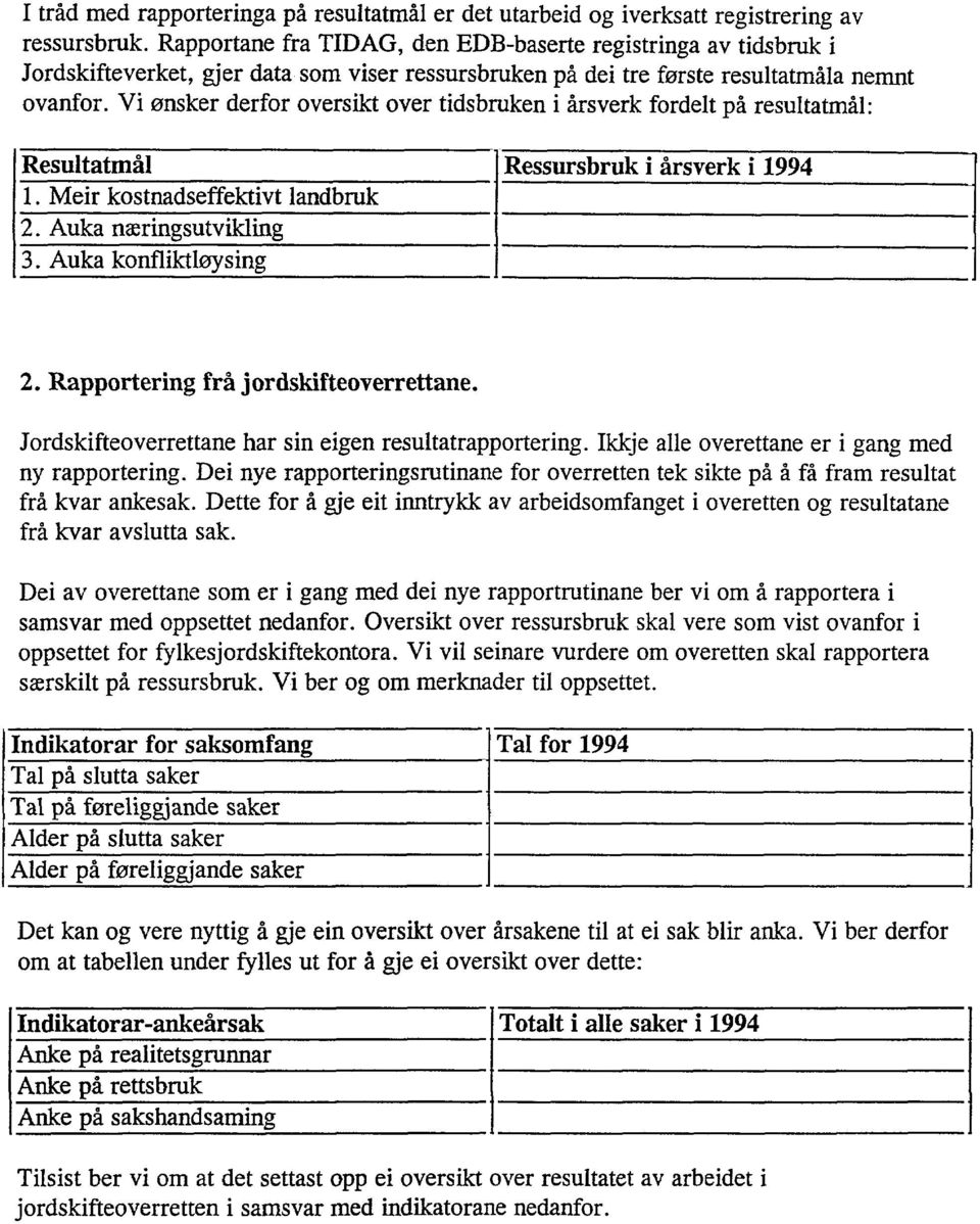 Vi ønsker derfor oversikt over tidsbruken i årsverk fordelt på resultatmål: Resultatmål Ressursbruk i årsverk i 1994 1. Meir kostnadseffektivt landbruk 2. Auka næringsutvikling 3.