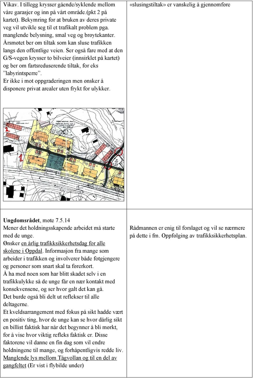 Ser også fare med at den G/S-vegen krysser to bilveier (innsirklet på kartet) og ber om fartsreduserende tiltak, for eks labyrintsperre.