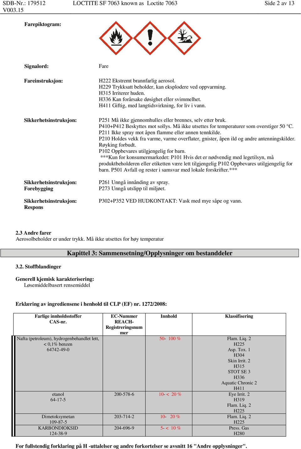 H411 Giftig, med langtidsvirkning, for liv i vann. P251 Må ikke gjennomhulles eller brennes, selv etter bruk. P410+P412 Beskyttes mot sollys. Må ikke utsettes for temperaturer som overstiger 50 C.