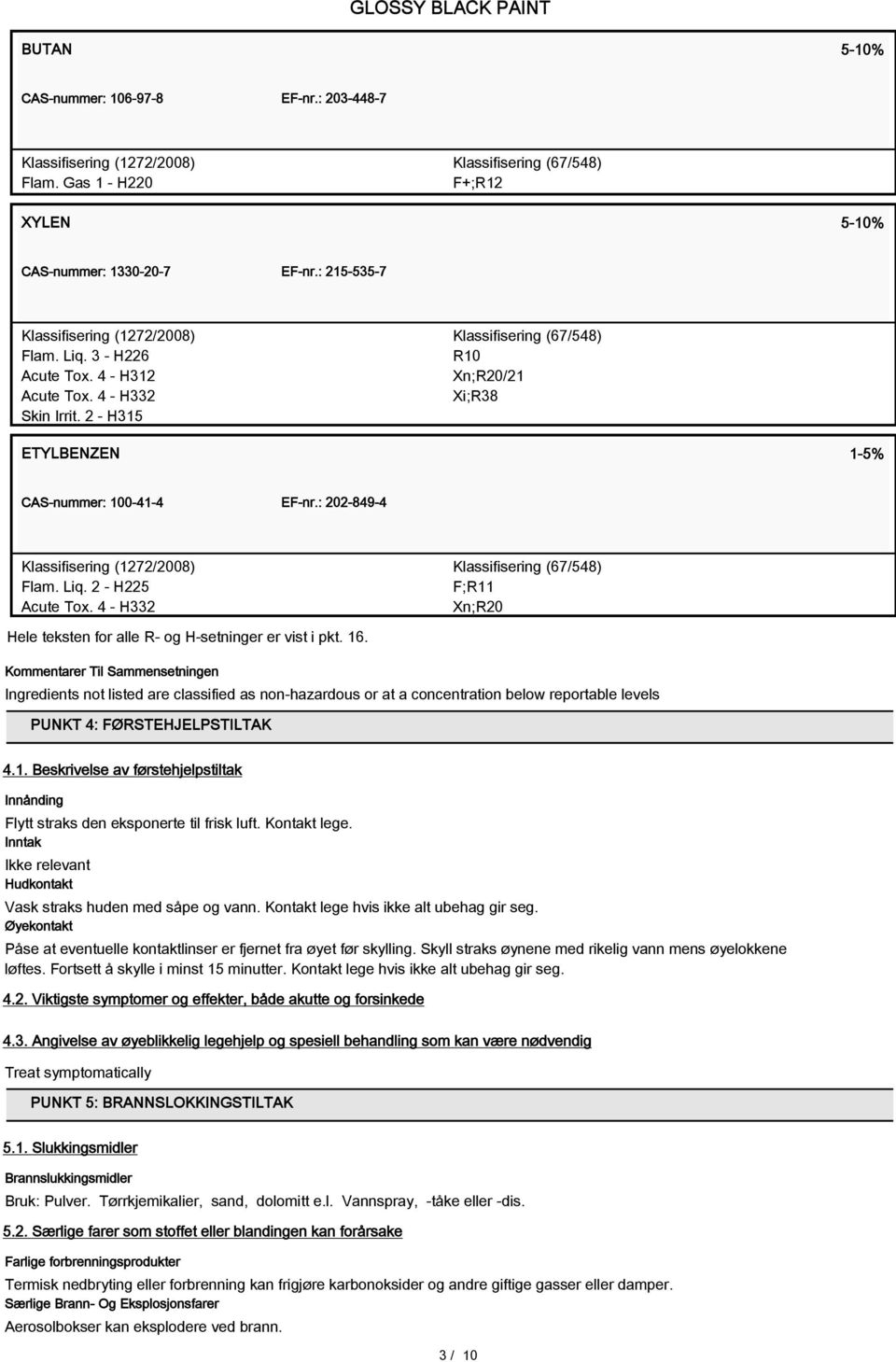 4 - H332 Klassifisering (67/548) F;R11 Xn;R20 Hele teksten for alle R- og H-setninger er vist i pkt. 16.