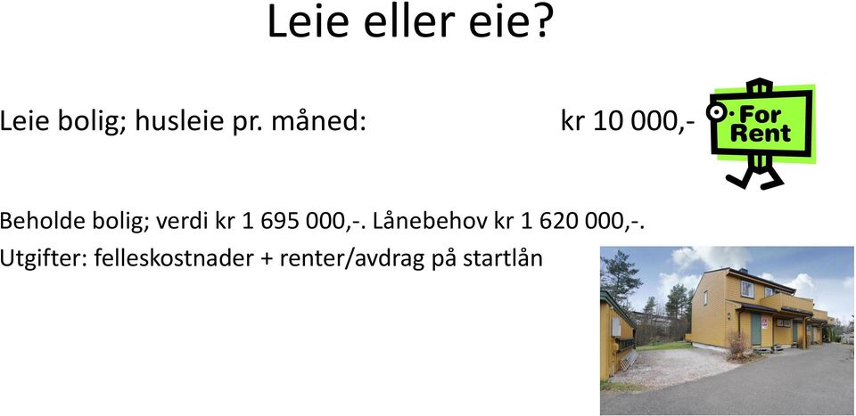 1 695 000,-. Lånebehov kr 1 620 000,-.