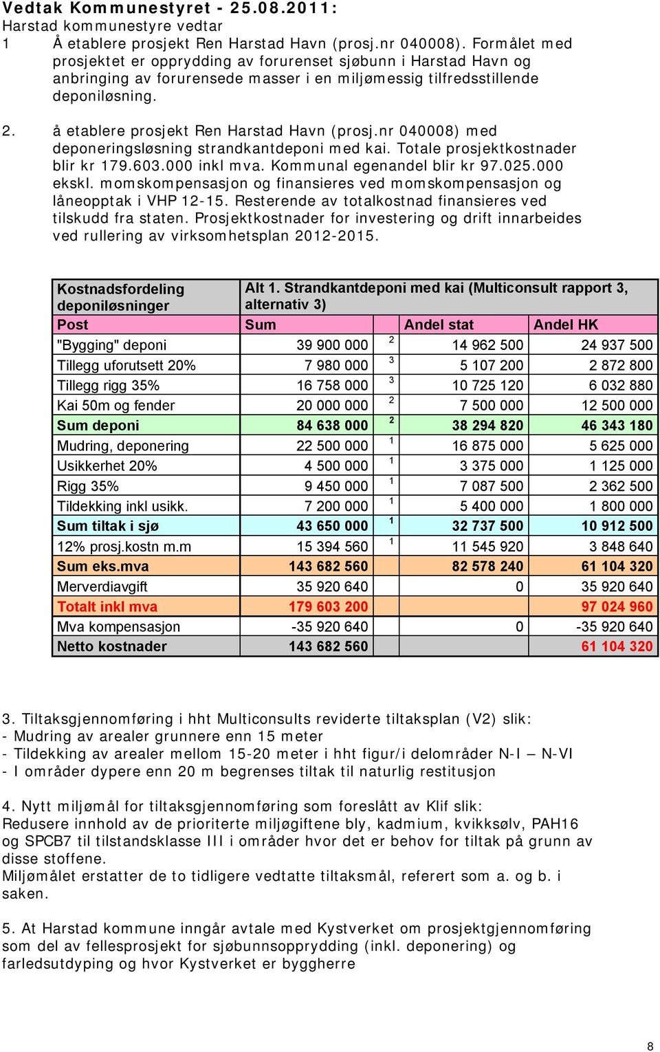 å etablere prosjekt Ren Harstad Havn (prosj.nr 040008) med deponeringsløsning strandkantdeponi med kai. Totale prosjektkostnader blir kr 79.603.000 inkl mva. Kommunal egenandel blir kr 97.025.