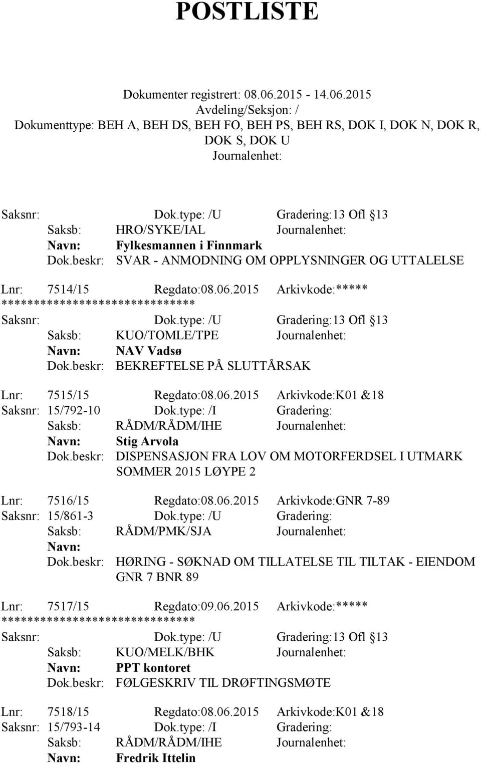 beskr: DISPENSASJON FRA LOV OM MOTORFERDSEL I UTMARK SOMMER 2015 LØYPE 2 Lnr: 7516/15 Regdato:08.06.2015 Arkivkode:GNR 7-89 Saksnr: 15/861-3 Dok.type: /U Gradering: Saksb: RÅDM/PMK/SJA Dok.