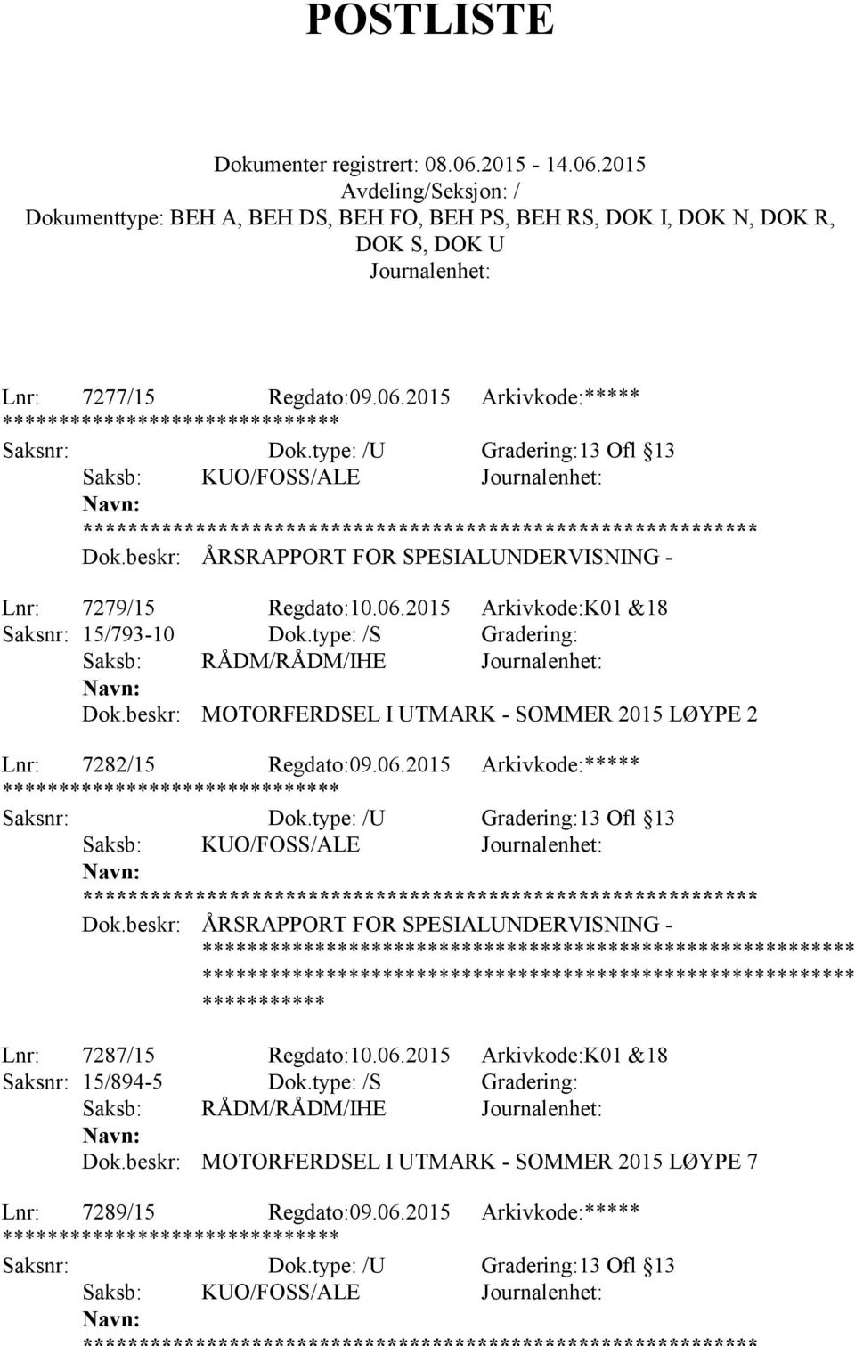 2015 Arkivkode:***** Saksb: KUO/FOSS/ALE ** Dok.beskr: ÅRSRAPPORT FOR SPESIALUNDERVISNING - Lnr: 7287/15 Regdato:10.06.