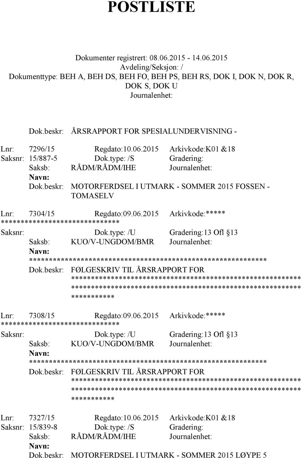 2015 Arkivkode:***** Saksb: KUO/V-UNGDOM/BMR ** Dok.beskr: FØLGESKRIV TIL ÅRSRAPPORT FOR Lnr: 7308/15 Regdato:09.06.