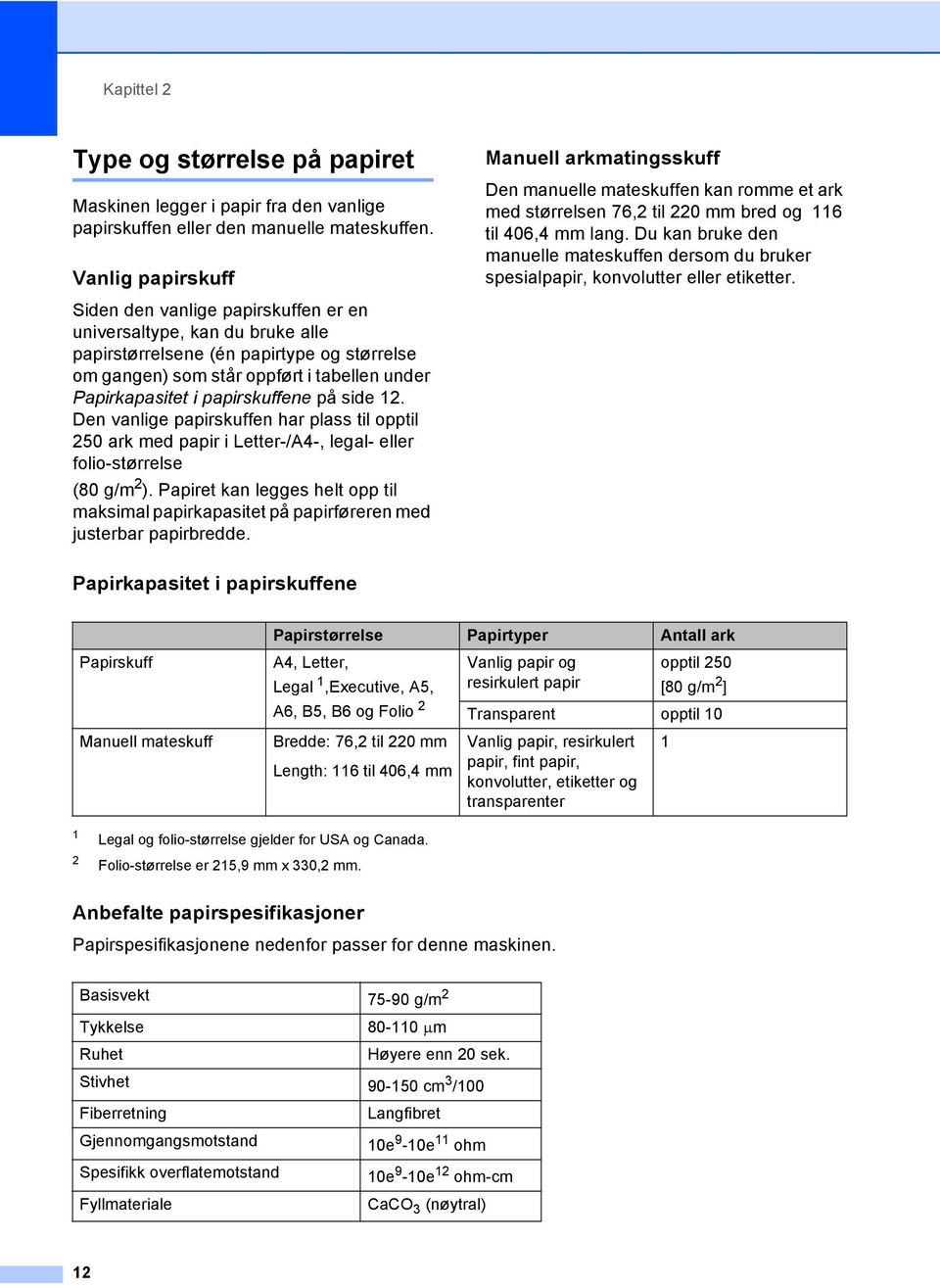 papirskuffene på side 12. Den vanlige papirskuffen har plass til opptil 250 ark med papir i Letter-/A4-, legal- eller folio-størrelse (80 g/m 2 ).