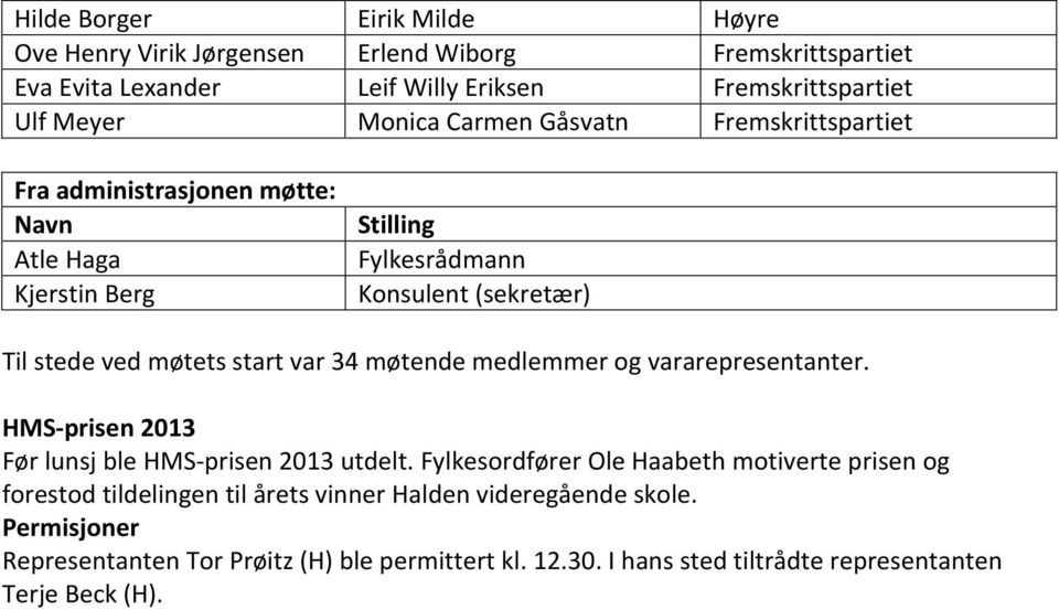 var 34 møtende medlemmer og vararepresentanter. HMS-prisen 2013 Før lunsj ble HMS-prisen 2013 utdelt.