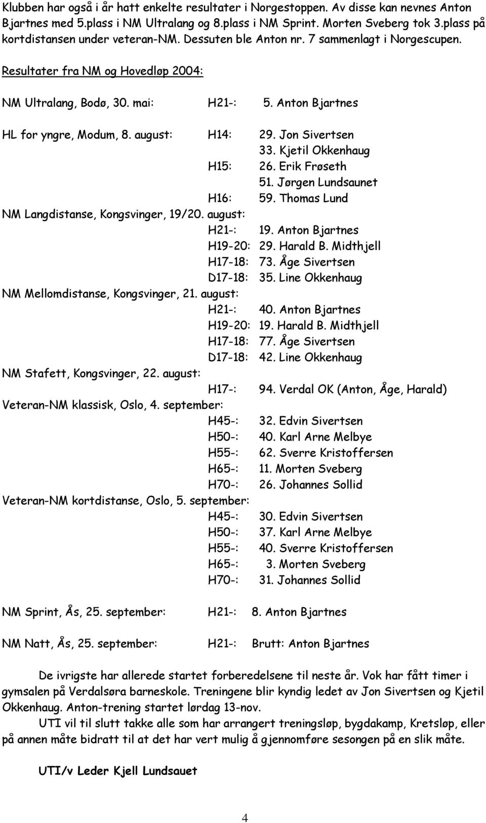 Anton Bjartnes HL for yngre, Modum, 8. august: H14: 29. Jon Sivertsen 33. Kjetil Okkenhaug H15: 26. Erik Frøseth 51. Jørgen Lundsaunet H16: 59. Thomas Lund NM Langdistanse, Kongsvinger, 19/20.