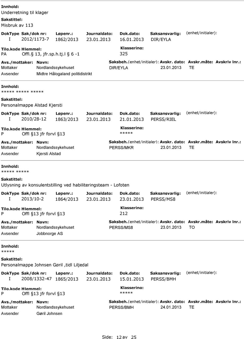 : ERSS/MKR TE Kjersti Alstad tlysning av konsulentstilling ved habiliteringsteam - Lofoten 2013/10-2 1864/2013 ERSS/MS8 212 Avs./mottaker: Navn: Saksbeh. Avskr. dato: Avskr.måte: Avskriv lnr.