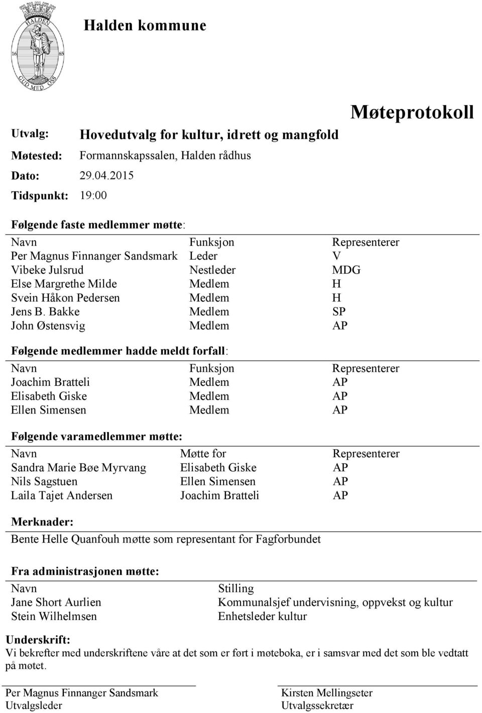 Sandsmark Leder V Vibeke Julsrud Nestleder MDG Else Margrethe Milde Medlem H Svein Håkon Pedersen Medlem H Jens B.