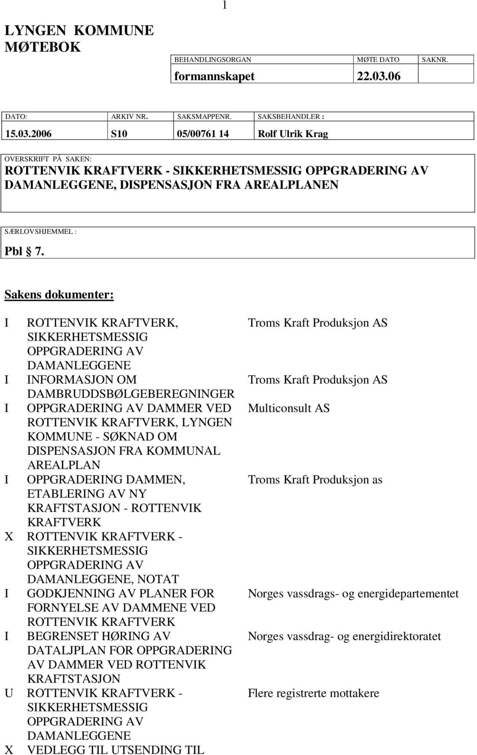 Sakens dokumenter: I ROTTENVIK KRAFTVERK, I INFORMASJON OM DAMBRUDDSBØLGEBEREGNINGER I DAMMER VED ROTTENVIK KRAFTVERK, LYNGEN KOMMUNE - SØKNAD OM DISPENSASJON FRA KOMMUNAL AREALPLAN I OPPGRADERING