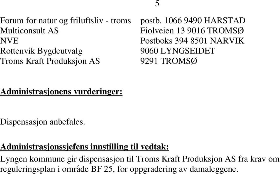 Administrasjonens vurderinger: Dispensasjon anbefales.