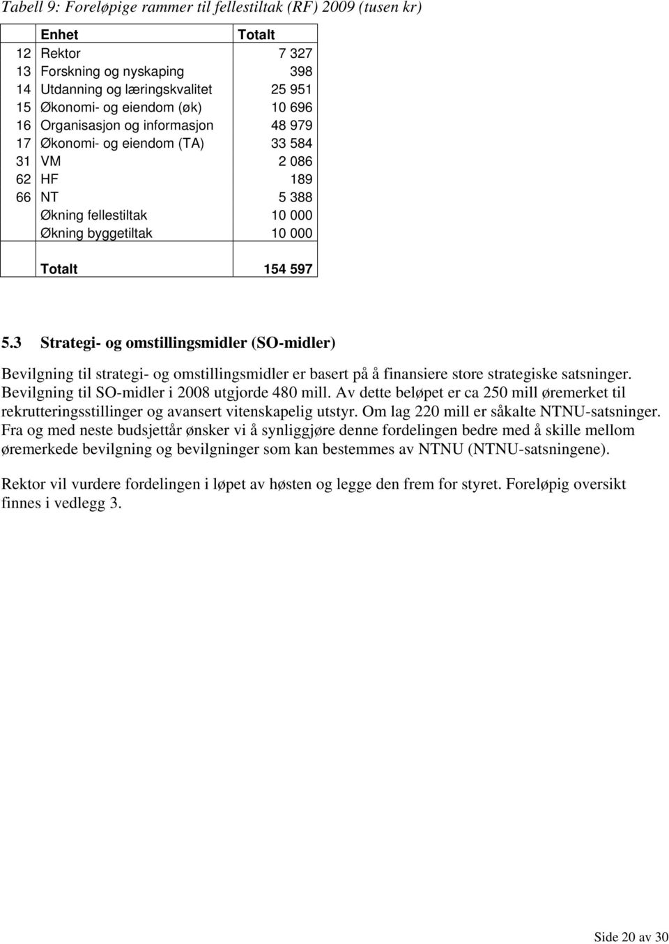 3 Strategi- og omstillingsmidler (SO-midler) Bevilgning til strategi- og omstillingsmidler er basert på å finansiere store strategiske satsninger. Bevilgning til SO-midler i 2008 utgjorde 480 mill.