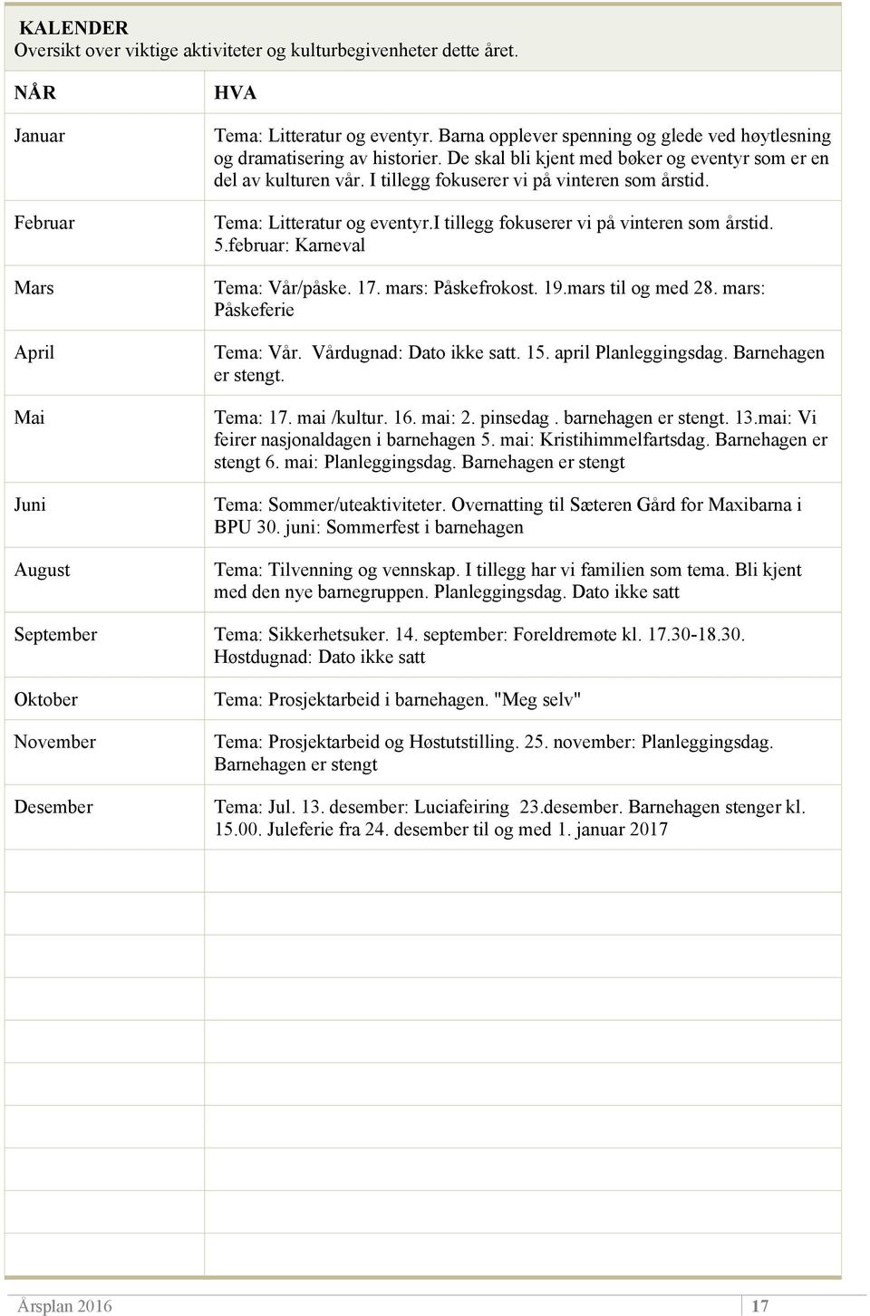 5.februar: Karneval Mars Tema: Vår/påske. 17. mars: Påskefrokost. 19.mars til og med 28. mars: Påskeferie April Tema: Vår. Vårdugnad: Dato ikke satt. 15. april Planleggingsdag. Barnehagen er stengt.