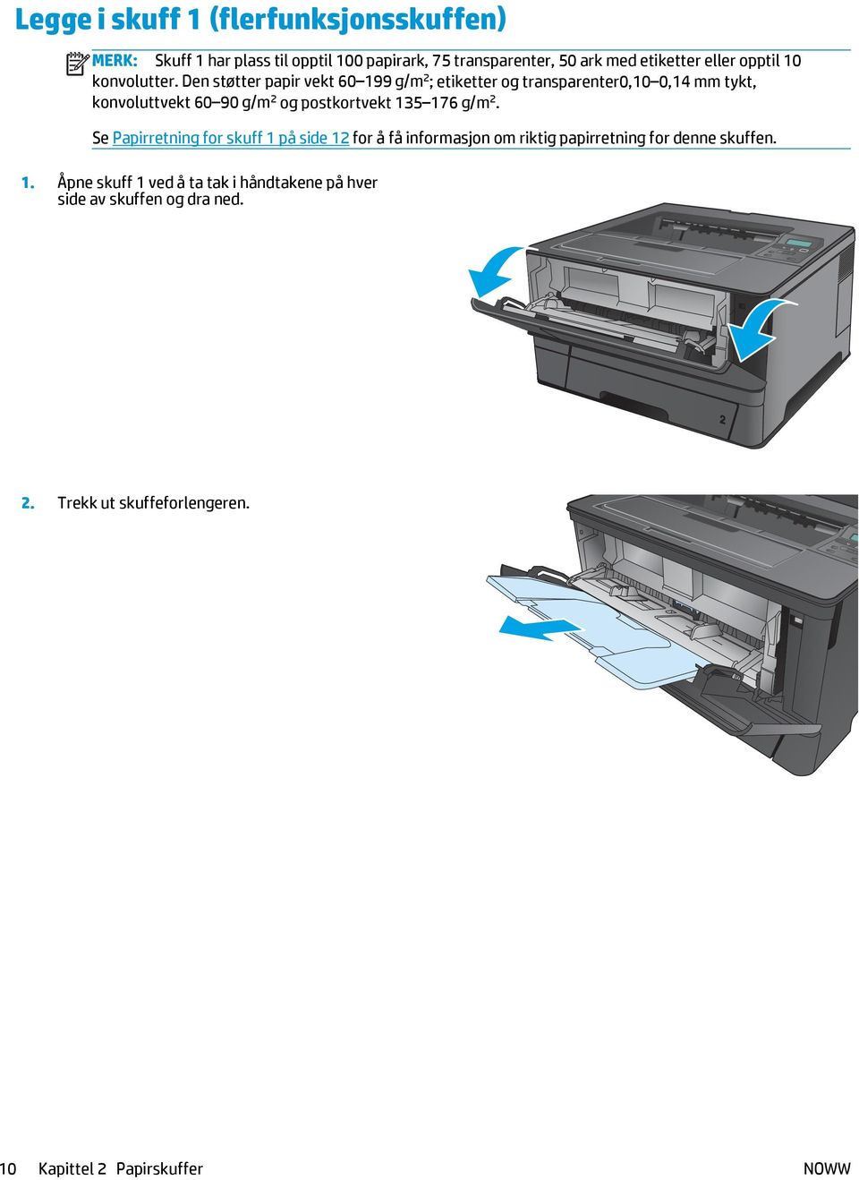 Den støtter papir vekt 60 199 g/m 2 ; etiketter og transparenter0,10 0,14 mm tykt, konvoluttvekt 60 90 g/m 2 og postkortvekt 135 176