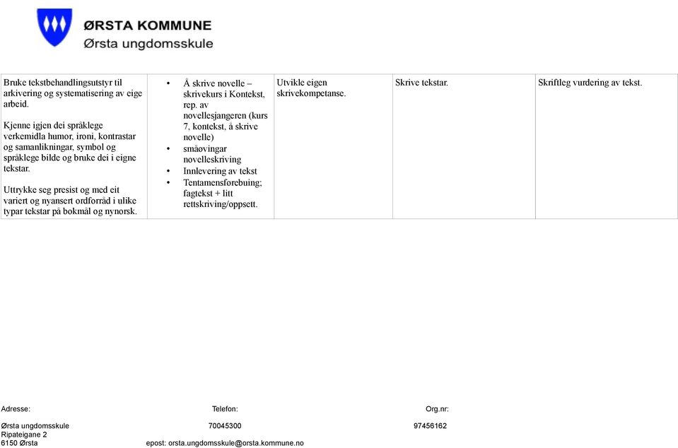 Uttrykke seg presist og med eit variert og nyansert ordforråd i ulike typar tekstar på bokmål og nynorsk. Å skrive novelle skrivekurs i Kontekst, rep.