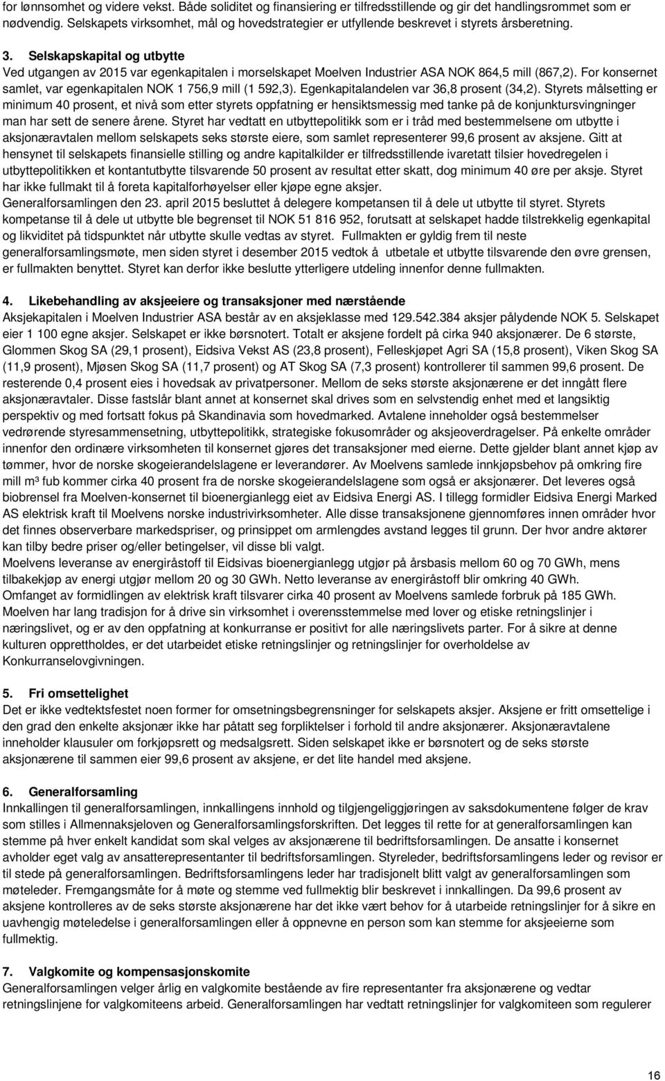 Selskapskapital og utbytte Ved utgangen av 2015 var egenkapitalen i morselskapet Moelven Industrier ASA NOK 864,5 mill (867,2). For konsernet samlet, var egenkapitalen NOK 1 756,9 mill (1 592,3).